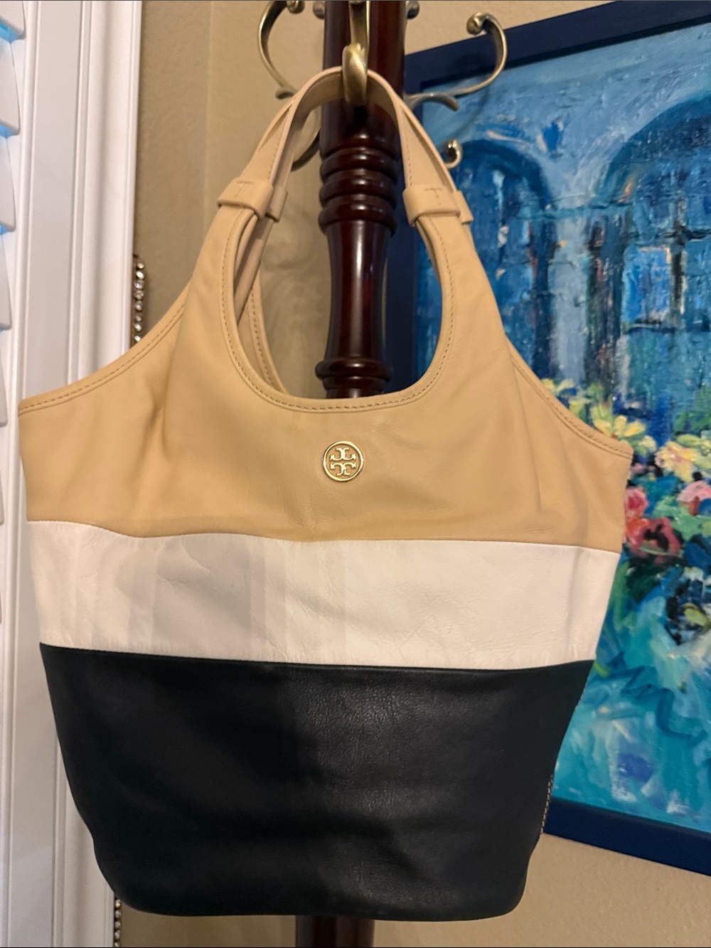 Tory Burch Tri-Tone Leather Shoulder Tote in Tan, White & Black